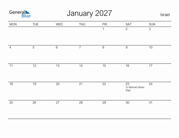 Printable January 2027 Calendar for Israel