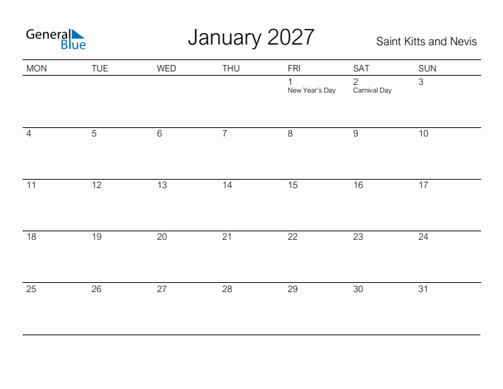 Printable January 2027 Calendar for Saint Kitts and Nevis