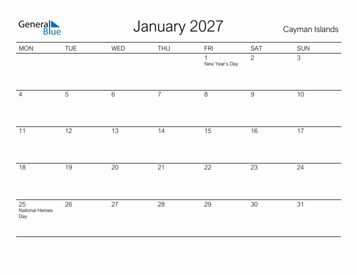 Printable January 2027 Calendar for Cayman Islands