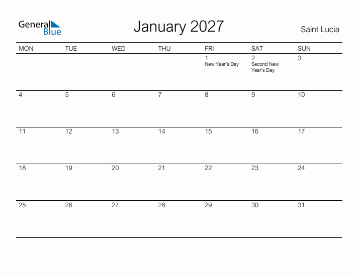 Printable January 2027 Calendar for Saint Lucia