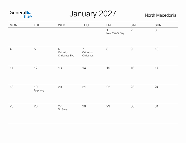 Printable January 2027 Calendar for North Macedonia