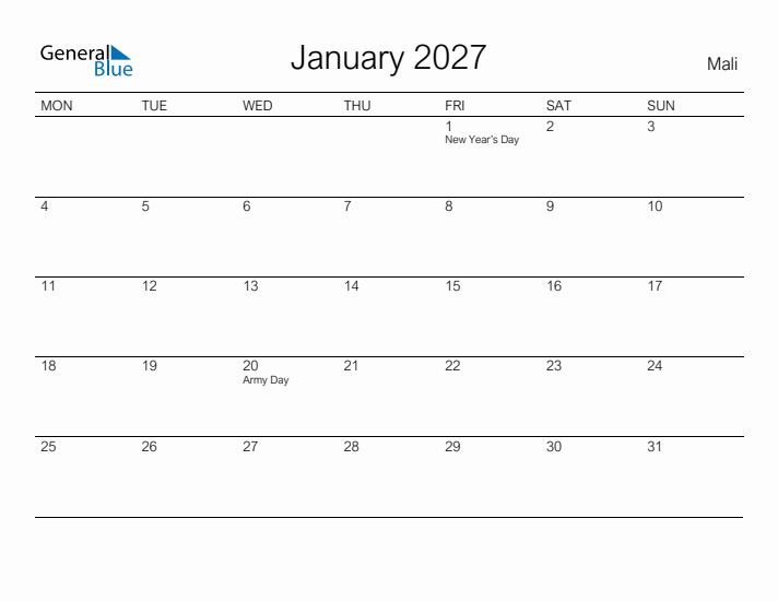 Printable January 2027 Calendar for Mali