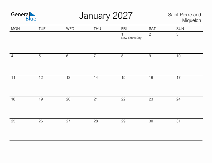 Printable January 2027 Calendar for Saint Pierre and Miquelon