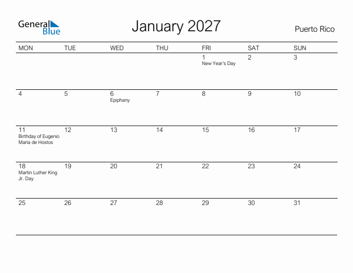 Printable January 2027 Calendar for Puerto Rico