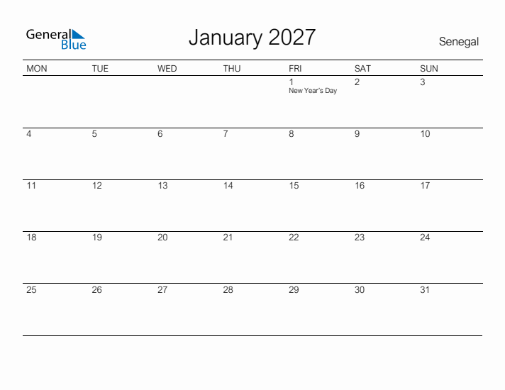 Printable January 2027 Calendar for Senegal