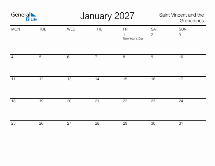 Printable January 2027 Calendar for Saint Vincent and the Grenadines