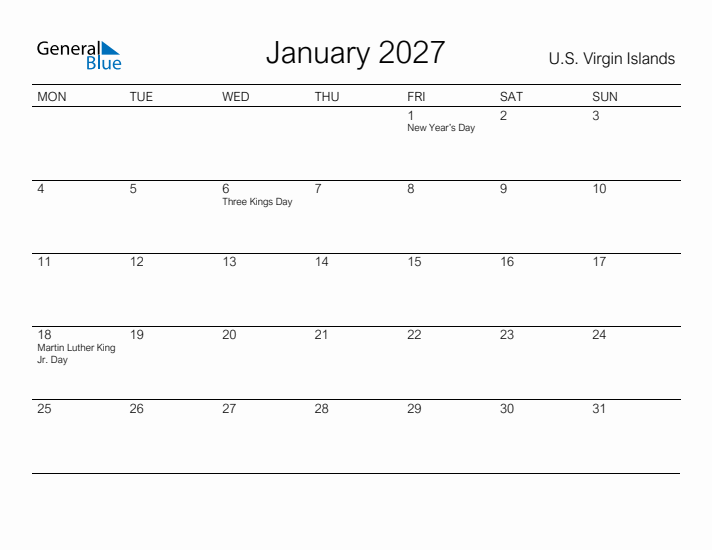 Printable January 2027 Calendar for U.S. Virgin Islands