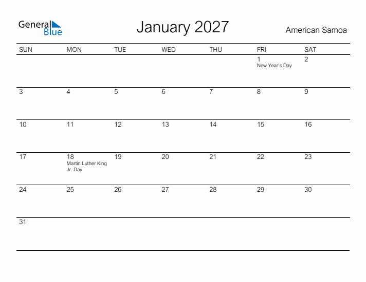 Printable January 2027 Calendar for American Samoa