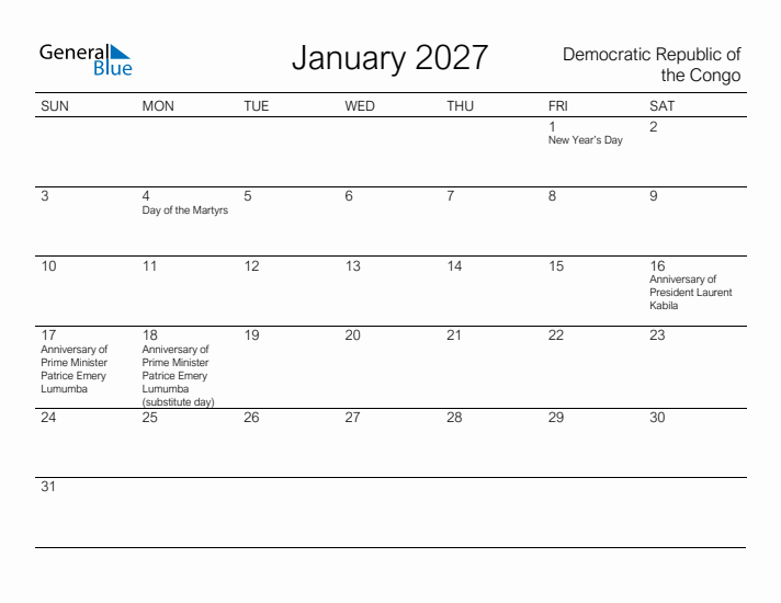 Printable January 2027 Calendar for Democratic Republic of the Congo