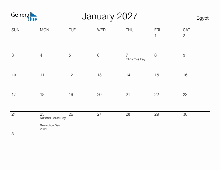 Printable January 2027 Calendar for Egypt