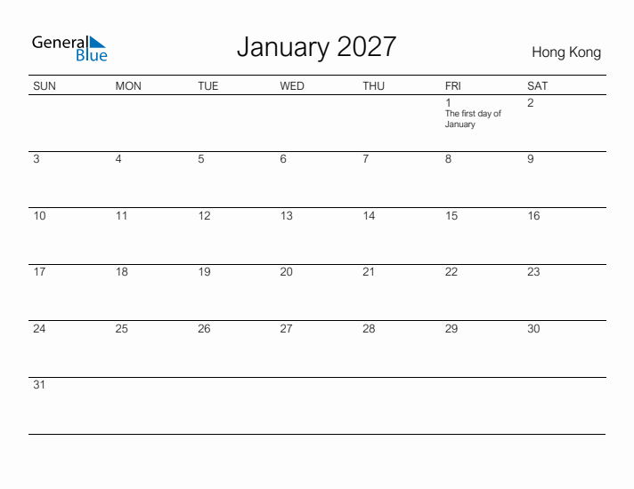 Printable January 2027 Calendar for Hong Kong