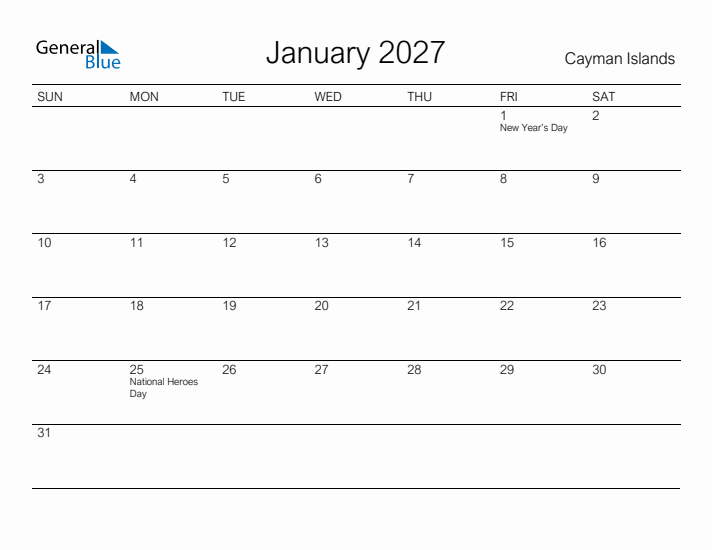 Printable January 2027 Calendar for Cayman Islands