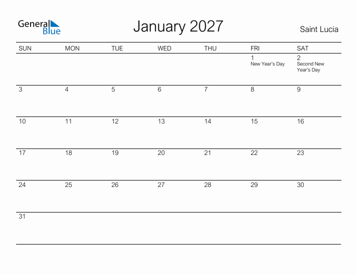 Printable January 2027 Calendar for Saint Lucia