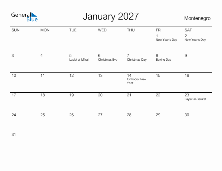 Printable January 2027 Calendar for Montenegro
