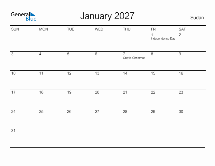 Printable January 2027 Calendar for Sudan