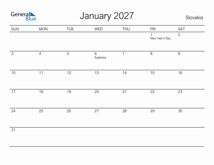 Printable January 2027 Calendar for Slovakia