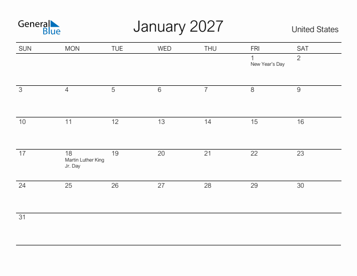 January 2027 Monthly Calendars With United States Holidays