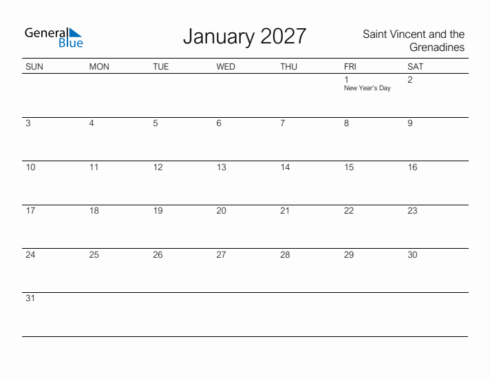 Printable January 2027 Calendar for Saint Vincent and the Grenadines