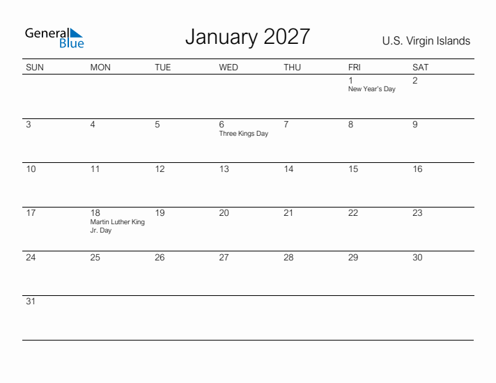Printable January 2027 Calendar for U.S. Virgin Islands