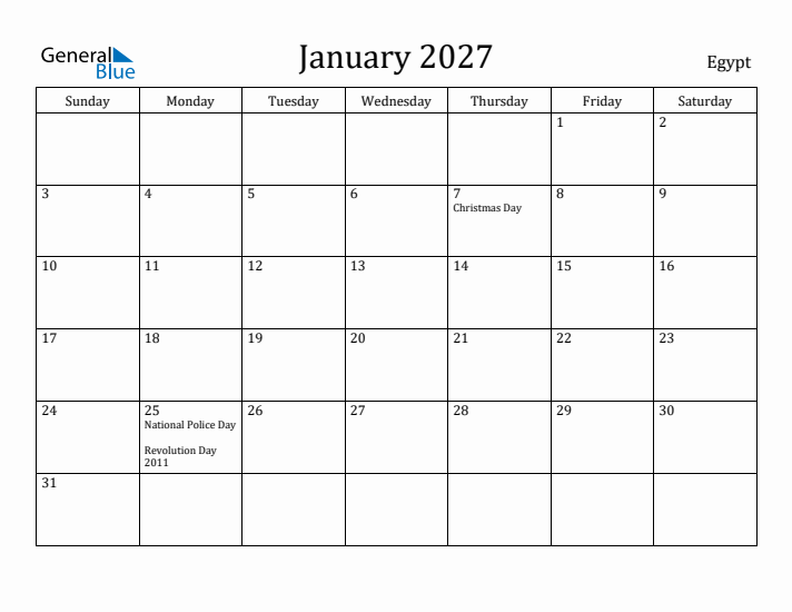 January 2027 Calendar Egypt