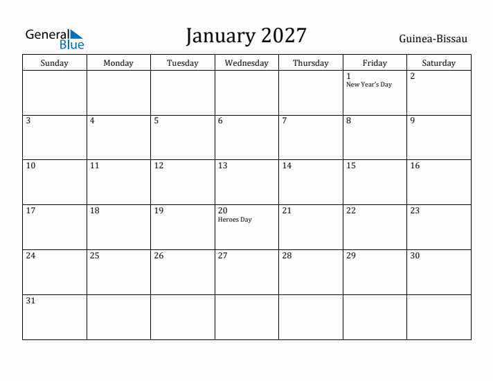 January 2027 Calendar Guinea-Bissau