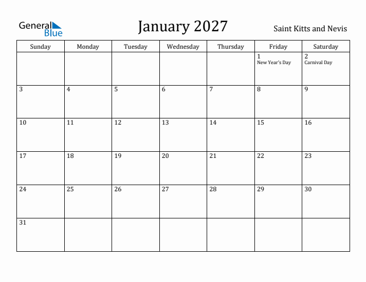 January 2027 Calendar Saint Kitts and Nevis