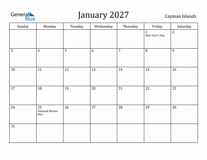 January 2027 Calendar Cayman Islands