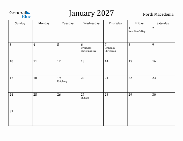 January 2027 Calendar North Macedonia