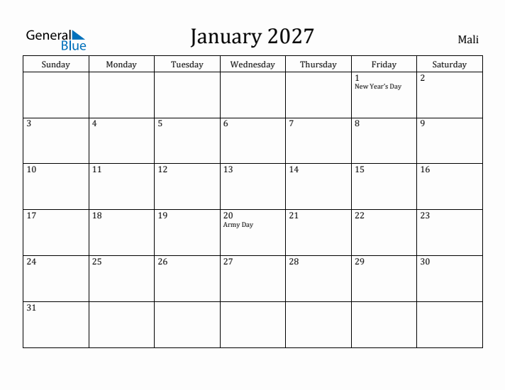 January 2027 Calendar Mali