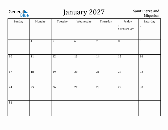 January 2027 Calendar Saint Pierre and Miquelon