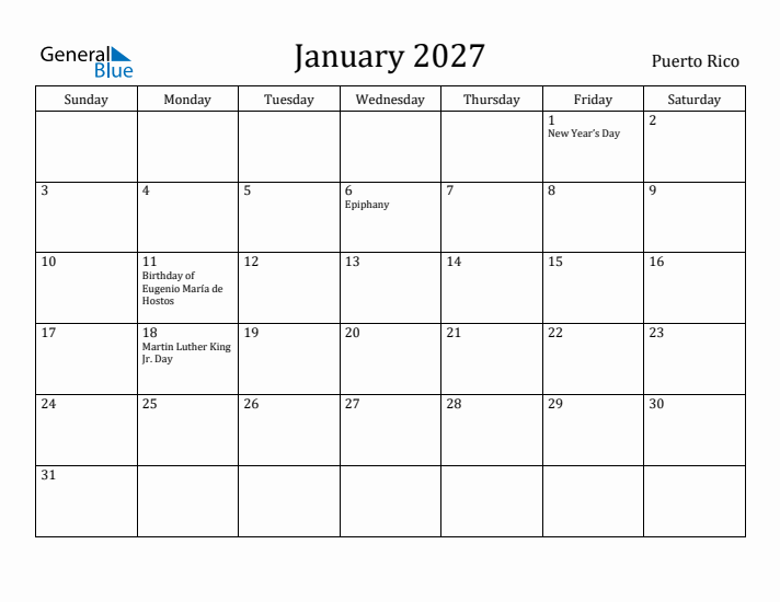 January 2027 Calendar Puerto Rico