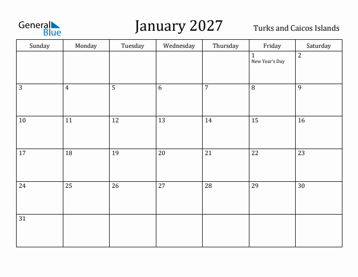 January 2027 Calendar Turks and Caicos Islands