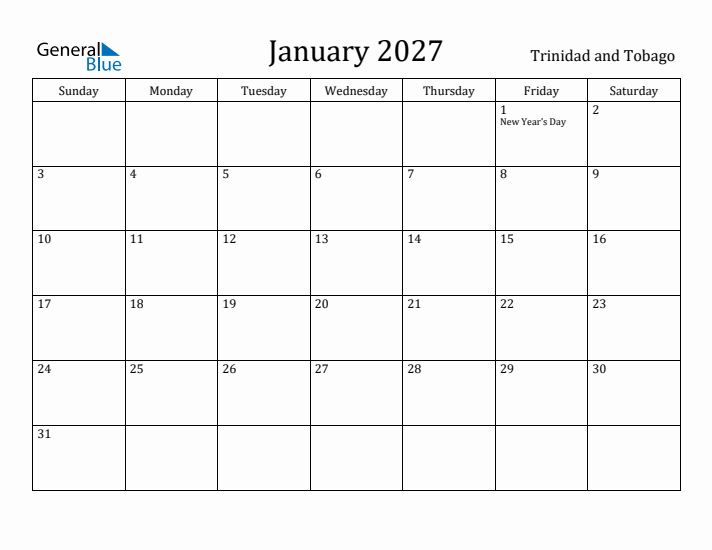 January 2027 Calendar Trinidad and Tobago