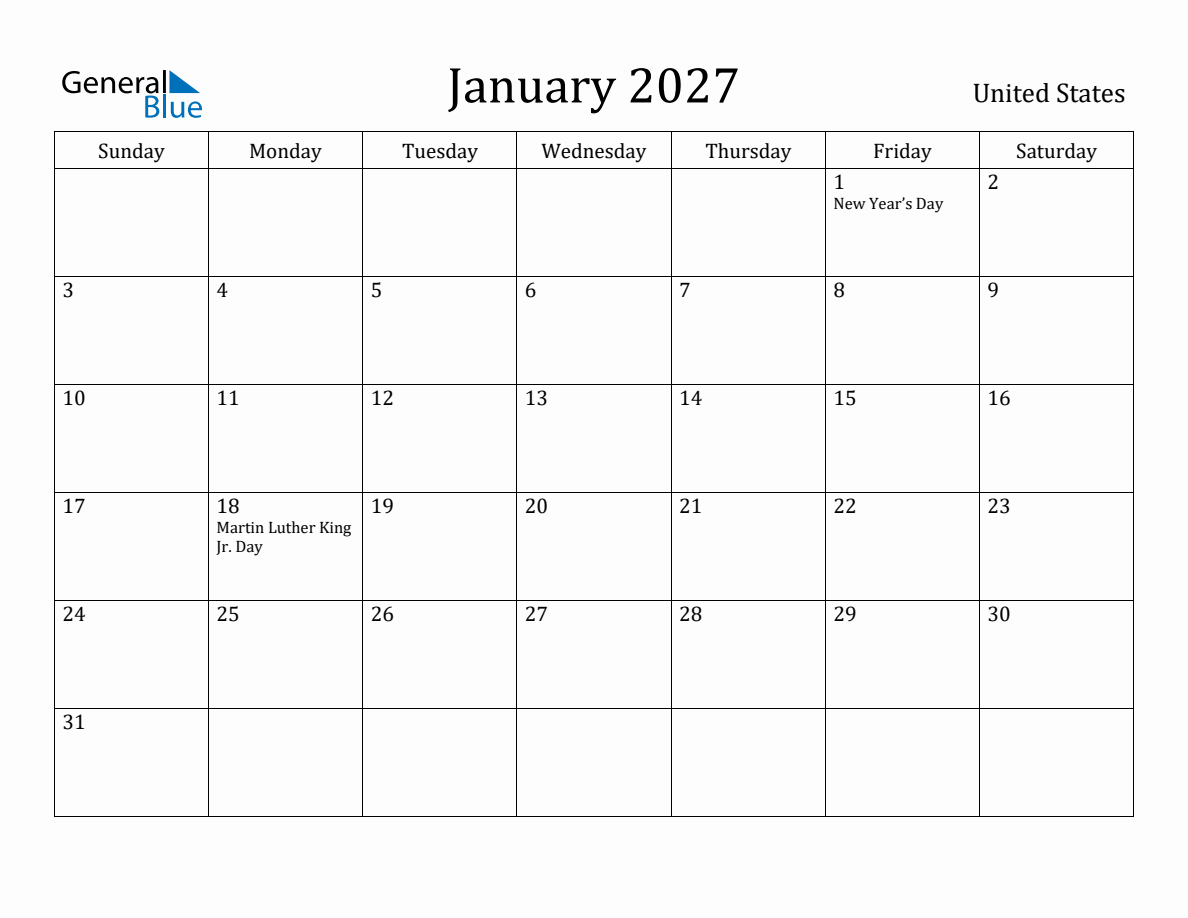 January 2027 Monthly Calendar with United States Holidays January 2027 Monthly Calendar with United States Holidays