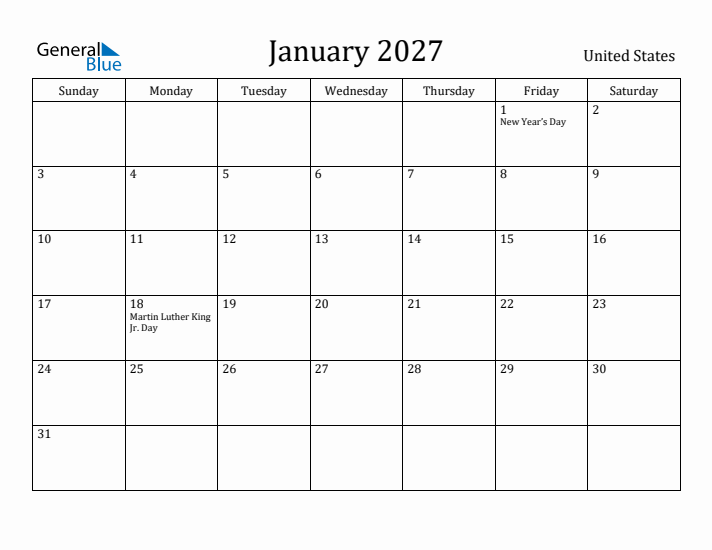 January 2027 Monthly Calendars With United States Holidays