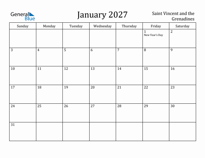 January 2027 Calendar Saint Vincent and the Grenadines
