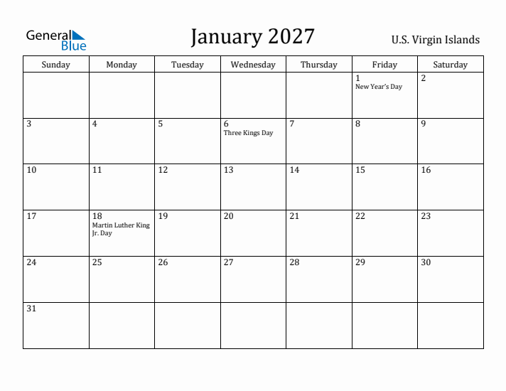January 2027 Calendar U.S. Virgin Islands