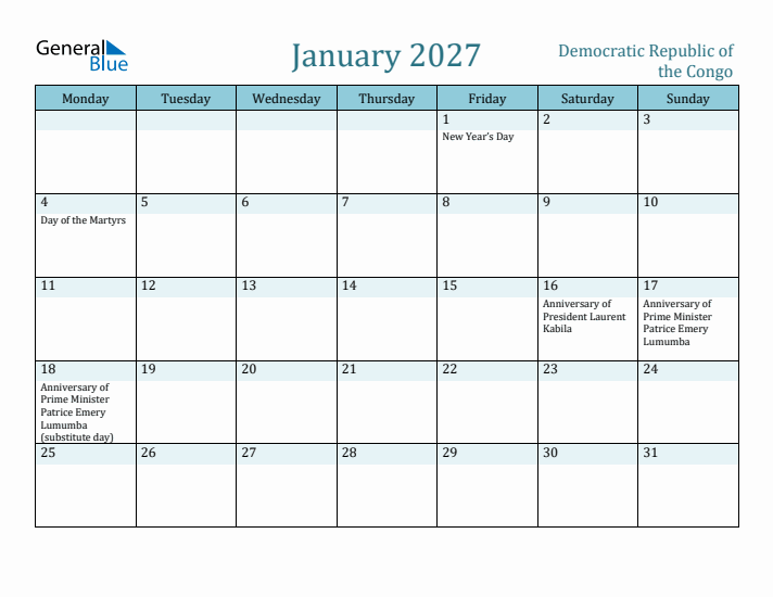 January 2027 Calendar with Holidays