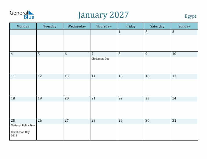 January 2027 Calendar with Holidays