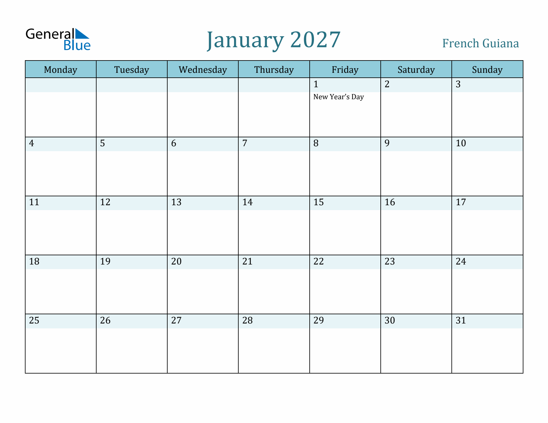 January 2027 Calendar with Holidays