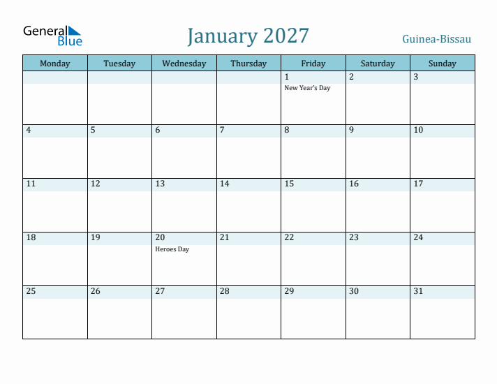 January 2027 Calendar with Holidays