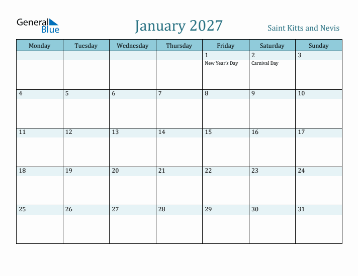 January 2027 Calendar with Holidays