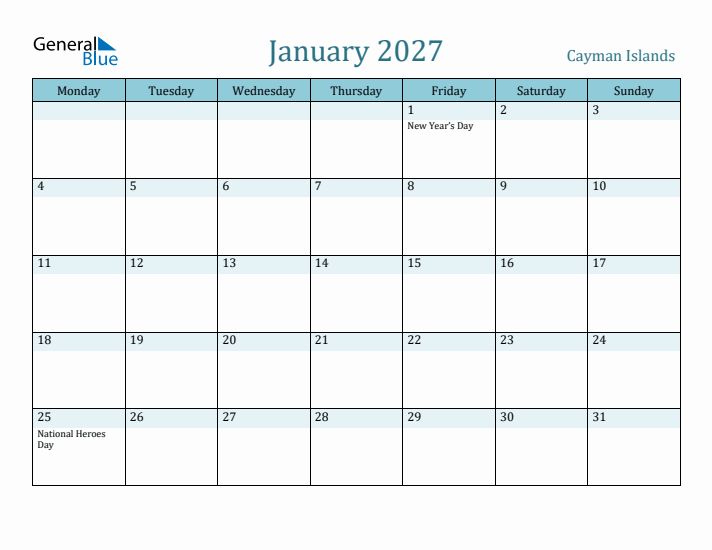 January 2027 Calendar with Holidays