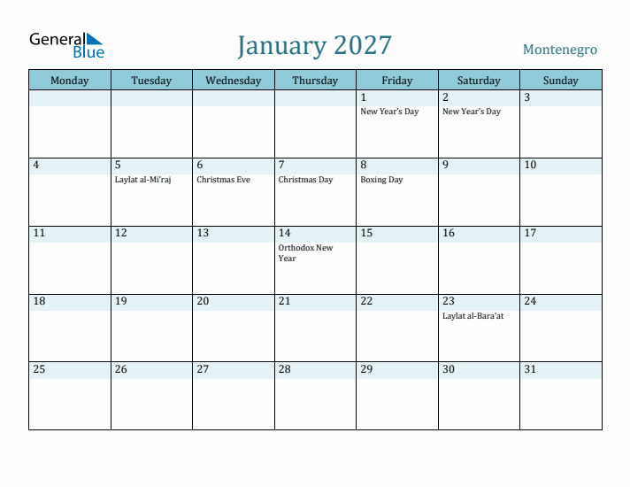 January 2027 Calendar with Holidays