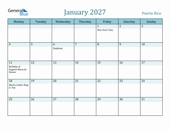 January 2027 Calendar with Holidays
