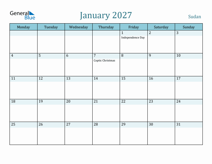January 2027 Calendar with Holidays