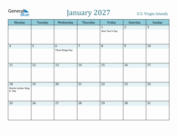 January 2027 Calendar with Holidays