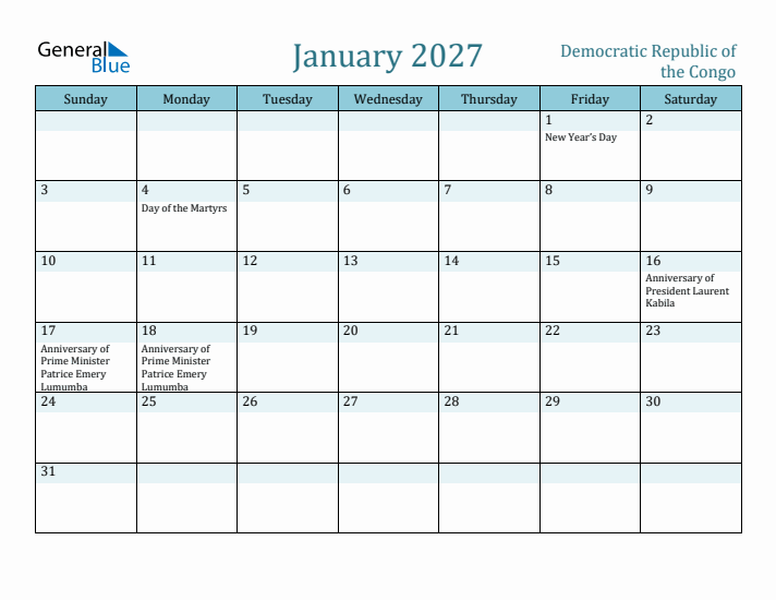 January 2027 Calendar with Holidays
