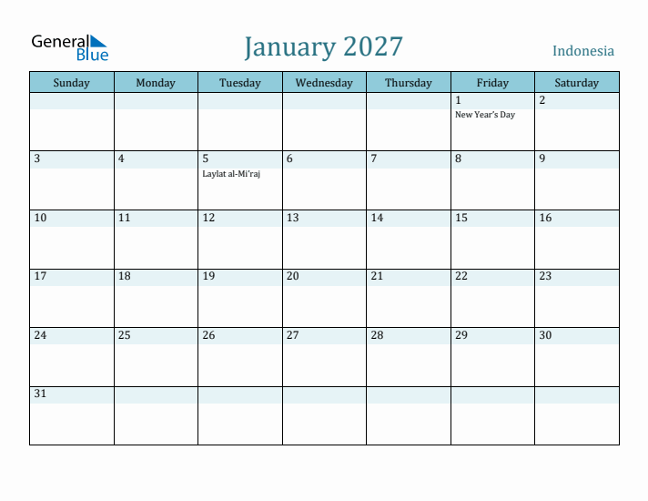 January 2027 Calendar with Holidays