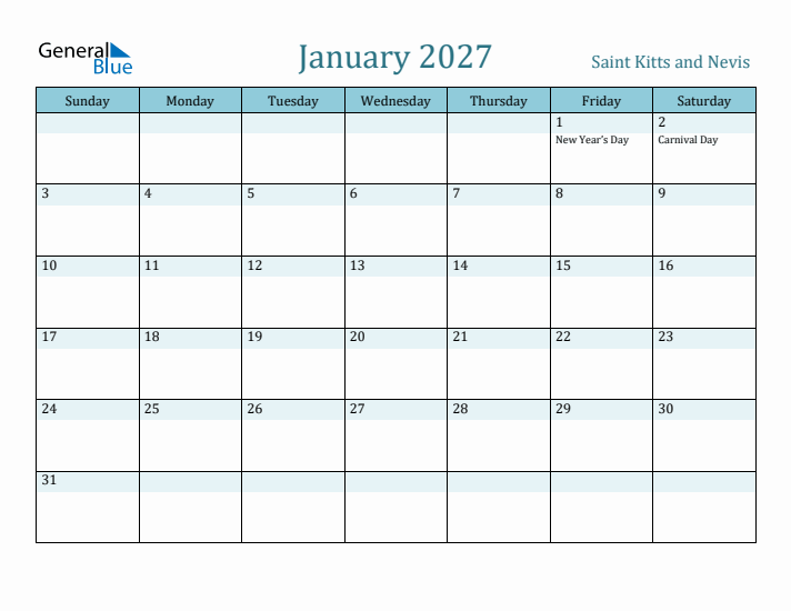January 2027 Calendar with Holidays